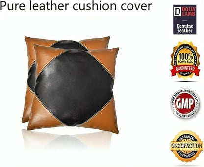 D DOLLY LAMB Lambskin Leather Pillow Cover - Sofa Cushion Case - Decorative Throw Covers for Living Room & Bedroom, 16x16 Inches - Camel Black Pack of 1