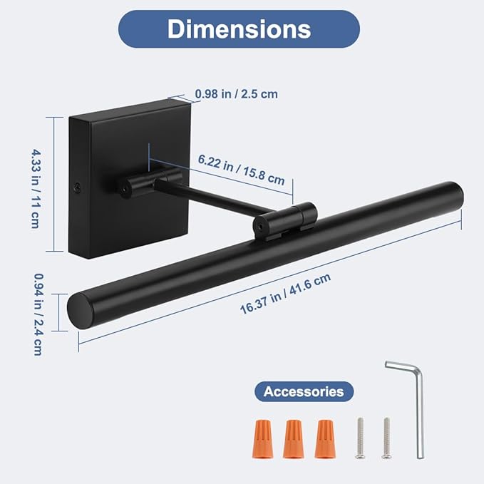 LED Picture Light for Paintings, Black Adjustable Art Light for Wall, 16.54inch 9W LED Wall Sconces Wall Light for Display Art Work, Dimmable Hardwired 3000K Warm White CRI90+