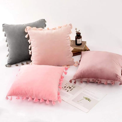 vctops Velvet Soft Solid Decorative Throw Pillow Cover with Tassels Boho Accent Cushion Case for Couch Bedroom Car Baby Pink 18''x18''