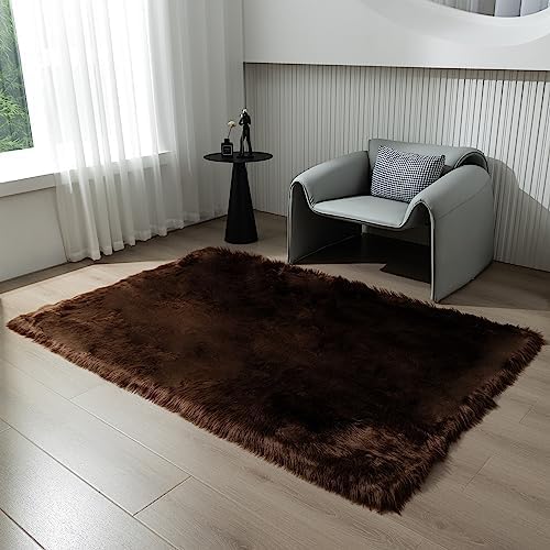 Fluffy Faux Fur Rug Coffee Sheepskin Area Rug,4x6 Ft Ultra Soft Shaggy Plush Rug for Bedroom Bedside Living Room Nursery Kids Room