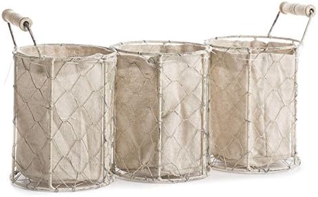 Factory Direct Craft White Washed Chicken Wire Triple Basket with Natural Linen Liner. Use The Small Basket as Cottage, Coastal or Farmhouse Home Decor Organizer.
