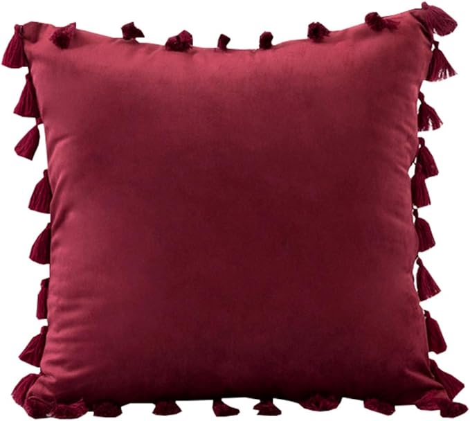 vctops Velvet Soft Solid Decorative Throw Pillow Cover with Tassels Boho Accent Cushion Case for Couch Bedroom Car Wine Red 20''x20''
