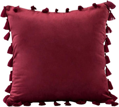 vctops Velvet Soft Solid Decorative Throw Pillow Cover with Tassels Boho Accent Cushion Case for Couch Bedroom Car Wine Red 20''x20''