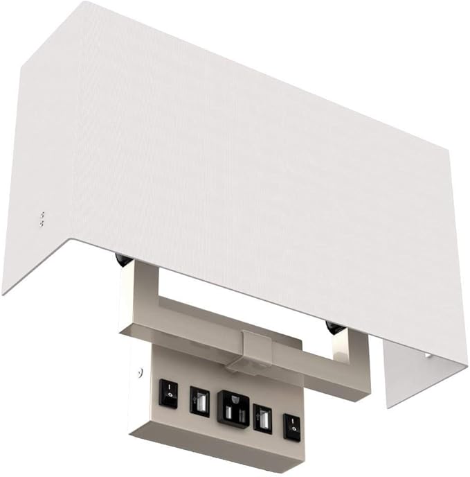 LEDMyplace 2-Light LED Wall Sconce Fixture, Sconces for Living Room with USB Ports and Outlet, Brass Sconces, E26 Base, Brushed Nickel Finish, White Fabric Shade, Decorative Wall Lighting