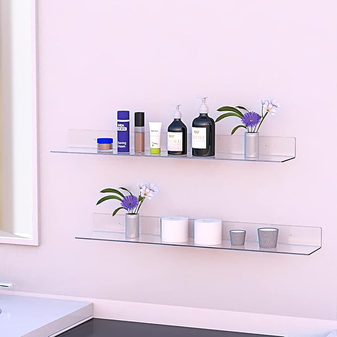 Sezanrpt 36 Inches Acrylic Wall Shelves 2 Pack, Floating Shelf for Wall Mounting, Acrylic Display Ledges for Funko Pop Figures, Home Décor, Living Room, Gaming Room, Plants(36 inch, Clear)