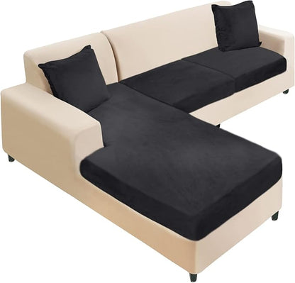 NAISI Sectional Couch Cover 3 Pieces Velvet Separate Couch Cushion Covers L Shape Soft Stretch Sofa Slipcovers with 2pcs Pillowcases for Left/Right Chaise Sectional Couch(2 Seater+1 Chaise,Black)
