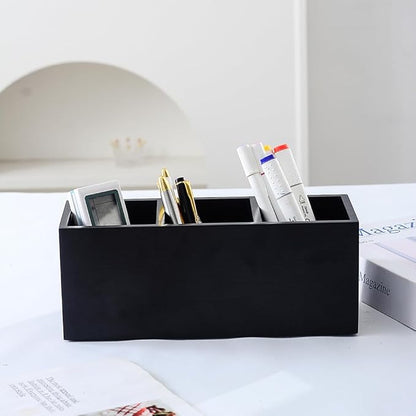 Wood Pens Pencils Holder Cup for Desk Remote Control Holder, Caddy, Organizer, Desktop Storage with 3 Compartments, Makeup Brush Holder, Silverware Caddy for Party, Office Supplies (Black)