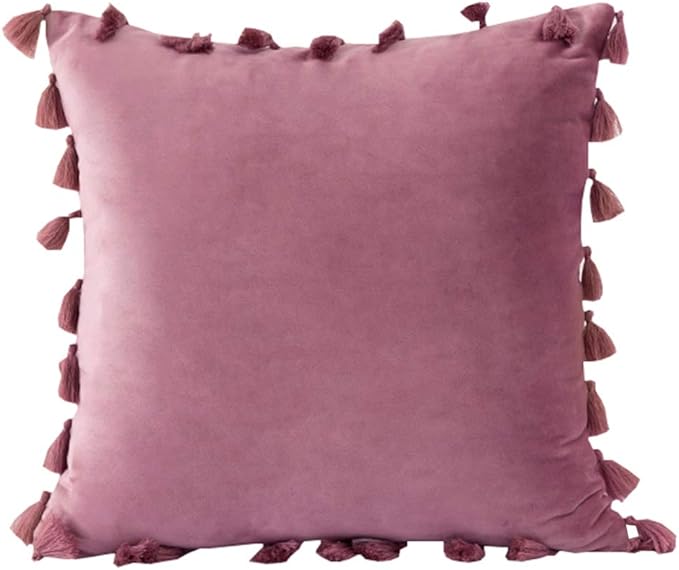 vctops Velvet Soft Solid Decorative Throw Pillow Cover with Tassels Boho Accent Cushion Case for Couch Bedroom Car Pink Purple 20''x20''