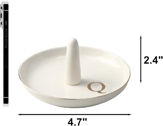 Ceramic Initials Jewelry Tray Ring Dish With Personalized Q-Monogrammed Engagement Wedding Gifts, for Birthday Mother's Day for Women, Ceramic White 4.7" x2.4"