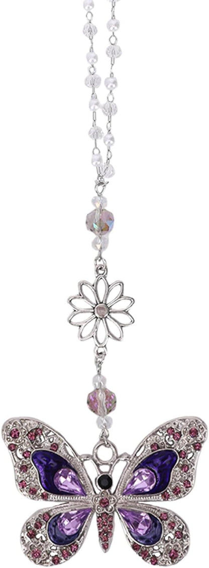 Car Mirror Hanging Accessories - Purple Butterfly Crystal Rhinestone Pendant for Rear View Mirror, Cute Car Interior Accessory for Women, Gift for Driver Mom Friends