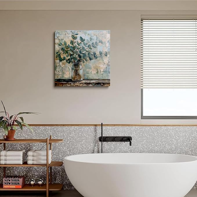 Eucalyptus Botanical Vase Wall Art Canvas Print Abstract Farmhouse Painting Rustic Modern Home Wall Decor for Living Room Bedroom Office Soft Green Leaves Still Life Artwork Canvas 14x14 Inches