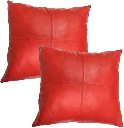 Lambskin Leather Pillow Cover - Sofa Cushion Case - Decorative Throw Covers for Living Room & Bedroom, 16x16 Inches - Red Pack of 2