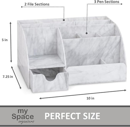 My Space Organizers Marble Desk Organizer For Office Supplies And Accessories - 9 Sections - Pencil Pen Holder Storage - Desktop Organization Decor Essentials (White Grey Marble)