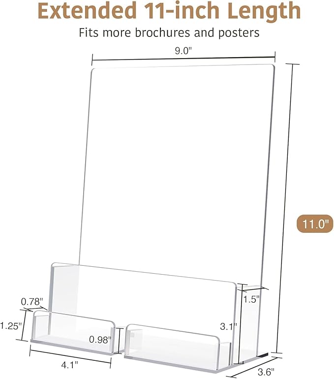 Acrylic Brochure Holder with Business Card Holder, 8.5"x 11", Clear Flyer Stands for Display, Ideal for Trade Show, Menu, Journals, Pamphlet, Magazine, Booklets, Literature (4-Pack Acrylic)