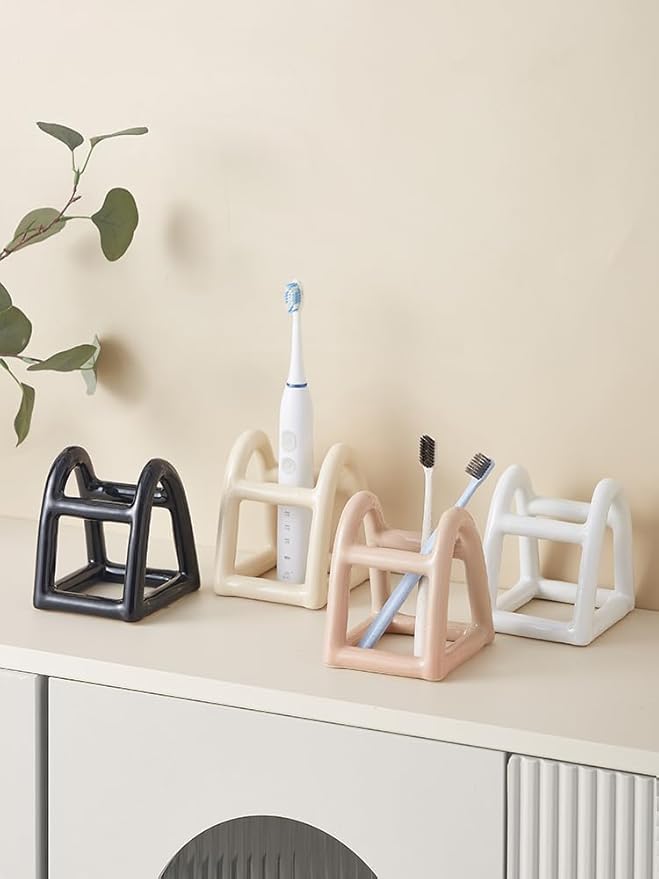 Handmade Ceramic Holder Stand for Toothbrushes, Makeup Brushes, and Pens - Minimalist Design for Bathroom Vanity and Countertops Decor (Black)