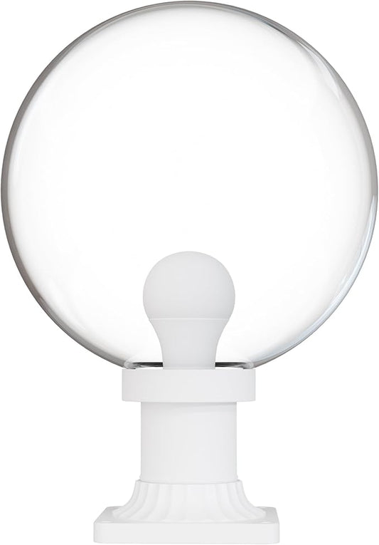 KASTLITE 12" Globe Pier Mount Outdoor Lighting with LED Lamp | UV & Waterproof Pillar & Column Lights | Deck Driveway Yard Patio & Garden Fixture | Made in USA | Clear Cover, White Decorated Base