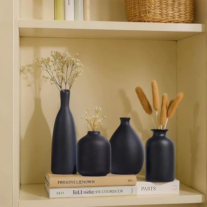 Black Ceramic Vase Set of 4, Matte Black Vases for Home Decor, Ceramic Small Bud Vase for Flowers, Modern Minimalism Decorative Flowers Vases for Centerpieces, Table, Shelf, Office Decor