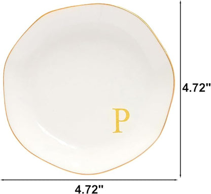 Ceramic Jewelry Tray Initial Ring Dish Personalized P-Monogrammed Engagement Wedding Gifts, for Birthday Mother's Day Christmas for Women, Ceramic White 4.75" (P)