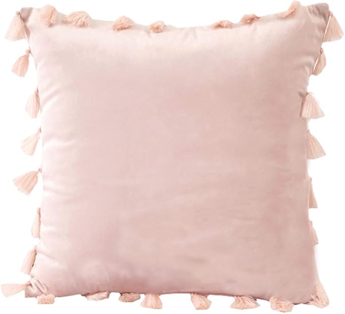 vctops Velvet Soft Solid Decorative Throw Pillow Cover with Tassels Boho Accent Cushion Case for Couch Bedroom Car Pink 20''x20''
