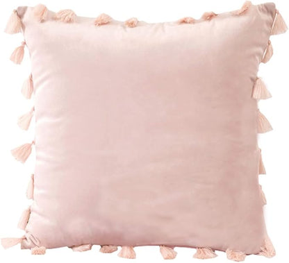vctops Velvet Soft Solid Decorative Throw Pillow Cover with Tassels Boho Accent Cushion Case for Couch Bedroom Car Pink 20''x20''