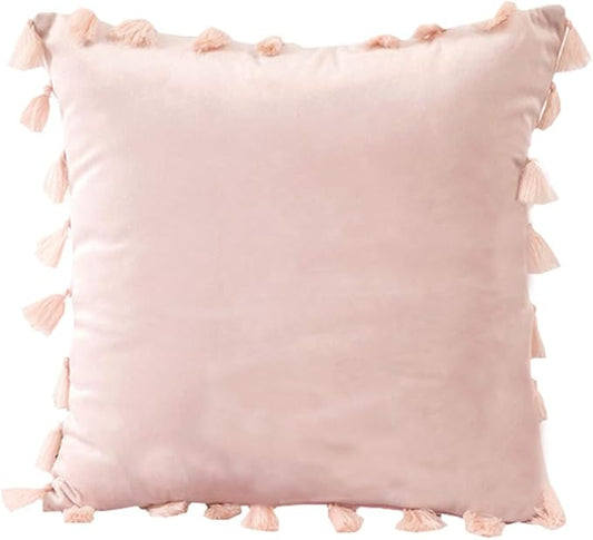 vctops Velvet Soft Solid Decorative Throw Pillow Cover with Tassels Boho Accent Cushion Case for Couch Bedroom Car Pink 18''x18''