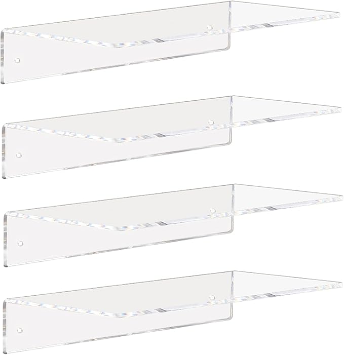 Weiai Clear Acrylic Shelves 12 Inch, Floating Wall Mounted Shelf for Wall Storage, Set of 4