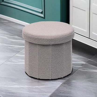 B FSOBEIIALEO Storage Ottoman Cube, Round Ottomans with Storage Foot Stool Footrest for Lving Room, Boucle Ottoman Seat for Dorm Room,Faux Teddy Fur, Grey 15"x15"x13.19"