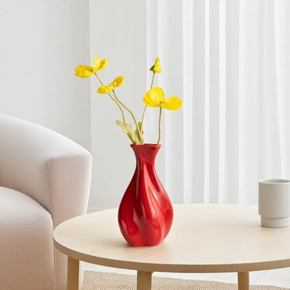 Christmas Red Ceramic Vase for Modern Home Decor - Unique Wavy Shape Decorative Vase for Living Room, Bedroom - Ideal Gift for Women, Valentine's Day, Housewarming (ChifonCyan 7.87 Inches)