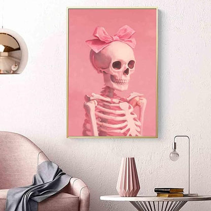 Pink Skeleton Wall Art Vintage Skull Poster Pink Bow Pictures Cute Bow Pictures Quirky Trendy Wall Art Skeleton Funny Halloween Poster Aesthetic Living Room Decor 16x24inch No Frame