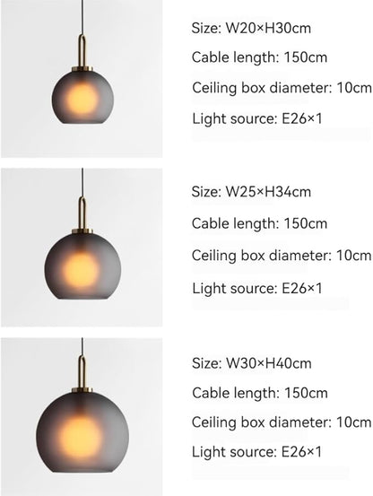 300mm Frosted Grey Spherical Glass Pendant Light, Frosted Grey Glass Globe with Brass Socket Hanging Lamp for Kitchen Island (30CM)