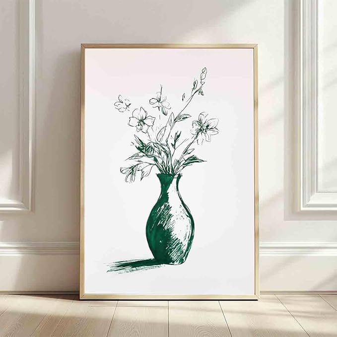 Vintage Floral Wall Art Flower Sketch Abstract Flower Picture Flowers In A Vase Wall Art Engrave Line Canvas Neutral Sketch Minimalist Mid Century Painting Living Room Decor 16x24inch No Frame