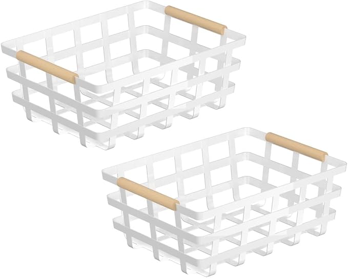 Farmhouse Baskets Wire Storage Baskets, Pantry Organizer Baskets with Wood Handle, Metal Baskets Bins for Kitchen Pantry Shelf Cabinets, White,2 pack
