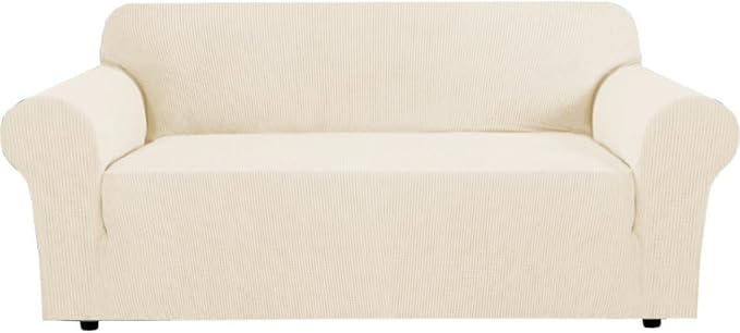 H.VERSAILTEX Stretch Couch Covers for Sofa 1 Piece Slipcovers for Couches and Sofas 3 Seater Couch Cover Feature Thick Checked Jacquard Fabric with Elastic Bottom, 72"-88" Wide, Cream