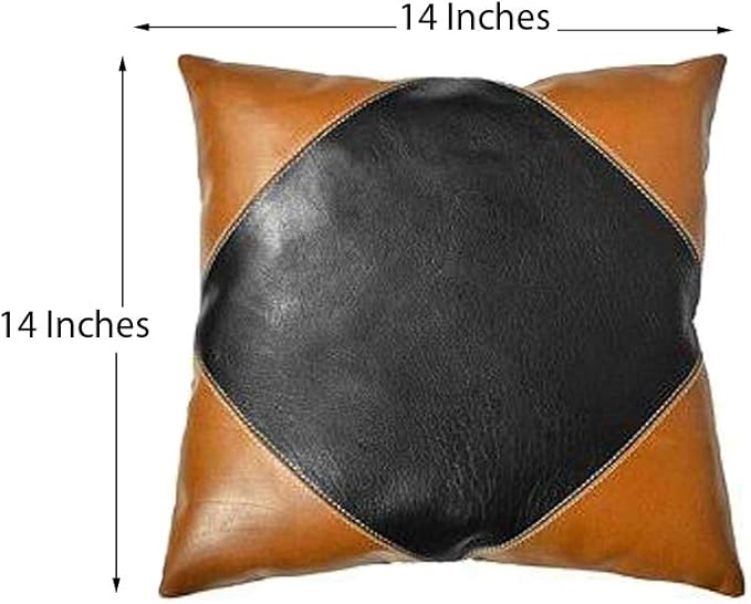 D DOLLY LAMB Lambskin Leather Pillow Cover - Sofa Cushion Case - Decorative Throw Covers for Living Room & Bedroom, 18x18 Inches - Camel Black Pack of 2
