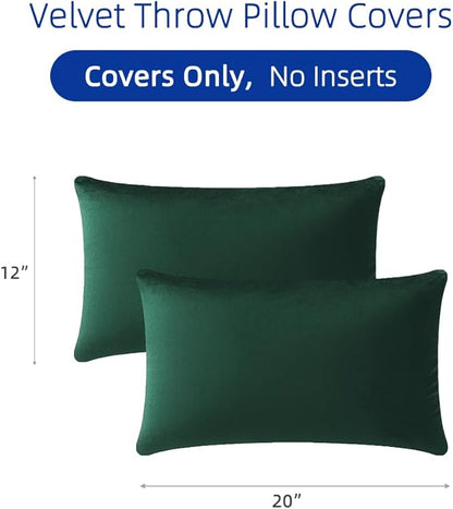 QUORGVES Green Velvet Pillow Covers 12x20 Inch Set of 2, Soft Solid Decorative Lumbar Throw Pillow Covers, Decor Cushion Covers for Bed Sofa Couch Bedroom Living Room - Dark Forest Hunter Emerald