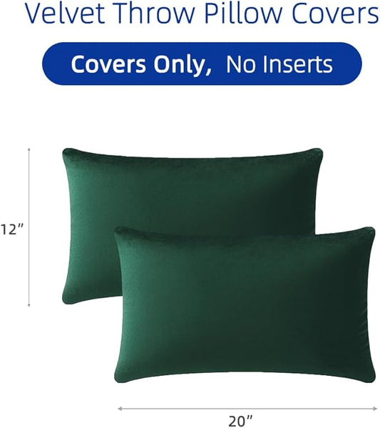 QUORGVES Green Velvet Pillow Covers 12x20 Inch Set of 2, Soft Solid Decorative Lumbar Throw Pillow Covers, Decor Cushion Covers for Bed Sofa Couch Bedroom Living Room - Dark Forest Hunter Emerald