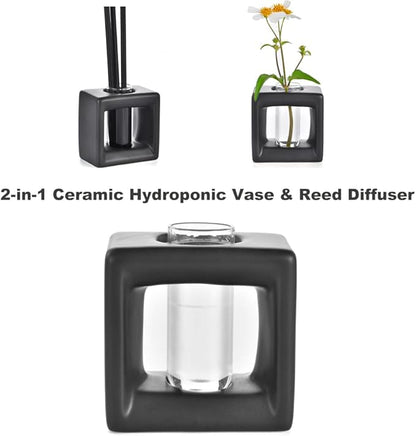 ORGJ Matte-Black Propagator Plant Vase - 2-in-1 Modular Propagation Tubes & Aroma Diffuser with Test Tube Rack System, Industrial Water Propagation Station for Herb Cuttings, Geometric Ceramic Decor