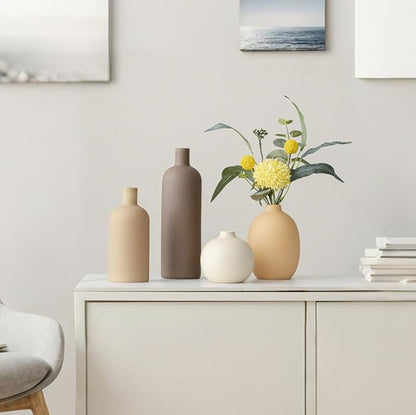 Modern Ceramic Vase Set, Neutral Colors, Decorative Vases for Home Shelf Decor, 4 Piece Collection, Happy Birthday Gifts for Women Mom Her Friend Sister Wife Grandma, Self Care Gift (Coffee Mix set 4)