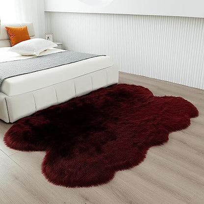 Fluffy Faux Fur Rug Burgundy Sheepskin Area Rug,4x6 Ft Ultra Soft Shaggy Plush Rug for Bedroom Bedside Living Room Nursery Kids Room