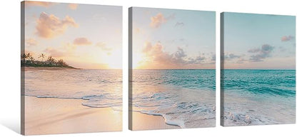 Goldfoilart 3 Pieces Beach Wall Art Sunset Bathroom Canvas Pictures Ocean Wall Decor Waves Prints Paintings for Living Room Bedroom Decorations Ready to Hang 12"x16" x 3pcs