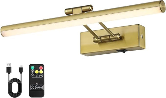 JUSHENG Battery Operated Picture Lights for Wall Brass 3CCT Dimmable Gallery Lights with Remote and Timer Wireless Painting Lights for Artwork, Display, Portraits 15.35'' Inch 3W