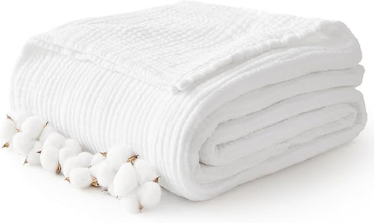 100% Cotton Muslin Blanket King 108" x 90", 6 Layers Breathable and Lightweight Cotton Throw Blanket for Bed, Soft Quilt Bedspread Coverlet, Gauze Blanket for Adults All Season, White