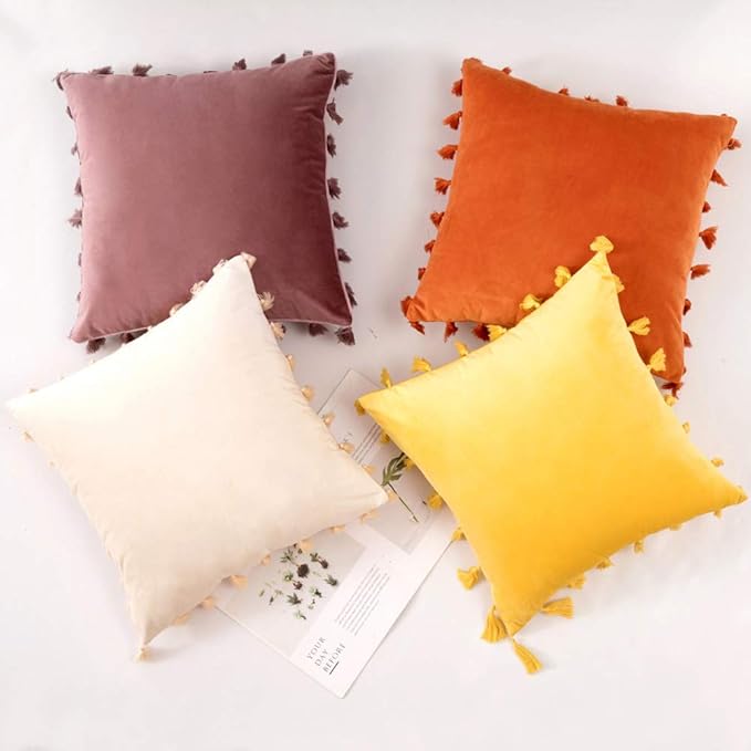 vctops Velvet Soft Solid Decorative Throw Pillow Cover with Tassels Boho Accent Cushion Case for Couch Bedroom Car Orange 20''x20''