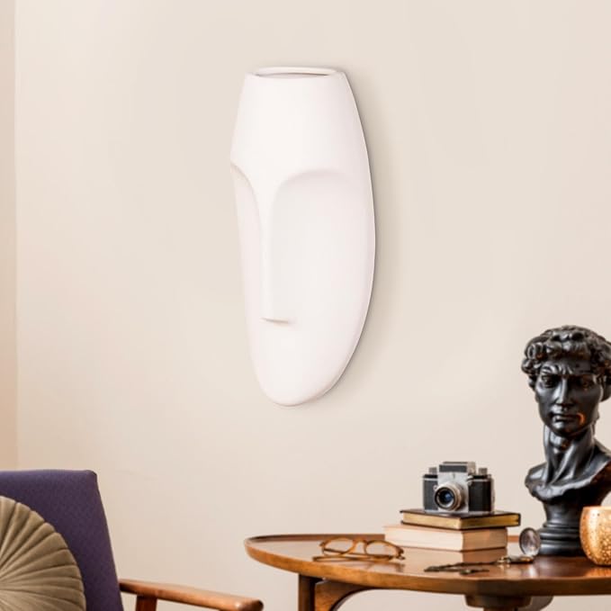 Howard Elliott Ceramic Oval Decorative Face Hanging Wall Decor Sculpture, White Matte Glazed Finish Wall Vase Decor for Living Room, Bedroom, Hallway & Entryway, 10 x 5 Inch