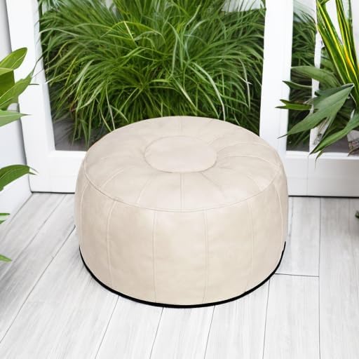 Thgonwid Unstuffed Moroccan Storage Pouf Foot Stool Ottoman Seat Handmade Faux Leather Bean Bag Floor Chair Foot Rest for Living Room, Bedroom or Balcony (Ivory White)