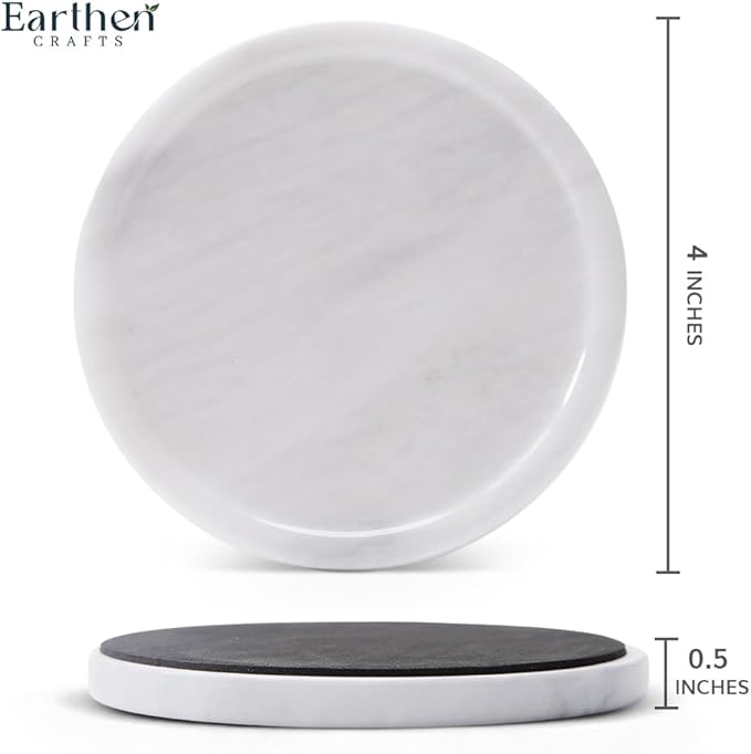Marble Coasters Set of 4 for Drinks Countertop 4 Inches Round White Stone Drink Coaster for Kitchen Counter, Ideal for Home Decor House Warming