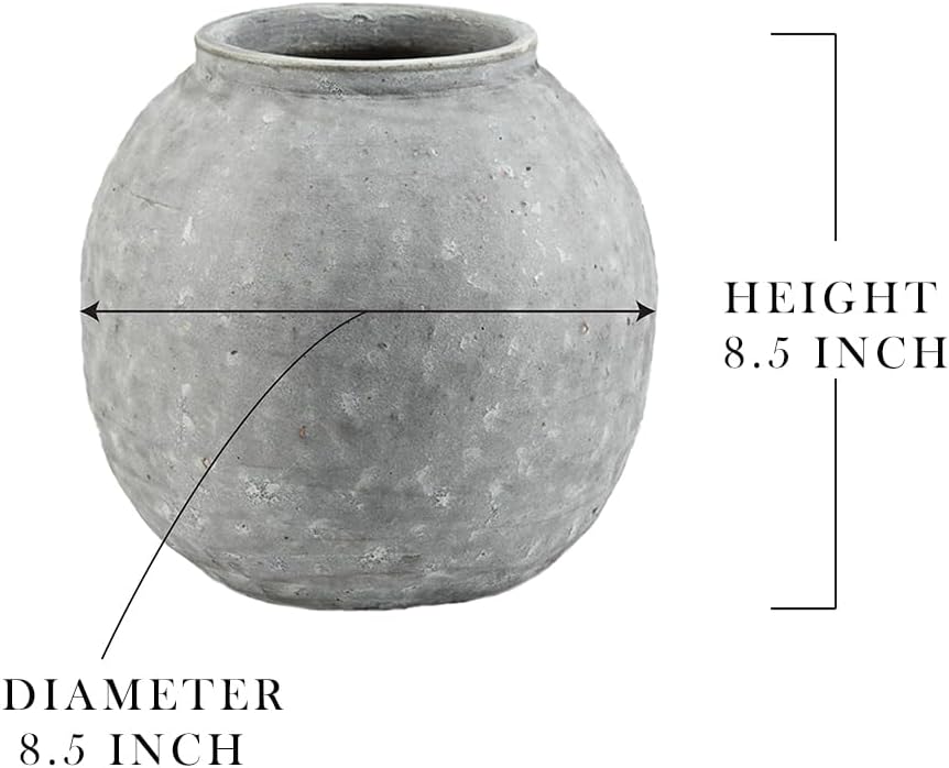 Serene Spaces Living Antique Ashen Orb Cement Vase, Grey Concrete Floral Vase, Home, Office Decor, Table Centerpiece for Vintage Wedding, Anniversary, Birthday, Holiday, 8.5" Diameter & 8.5" Tall