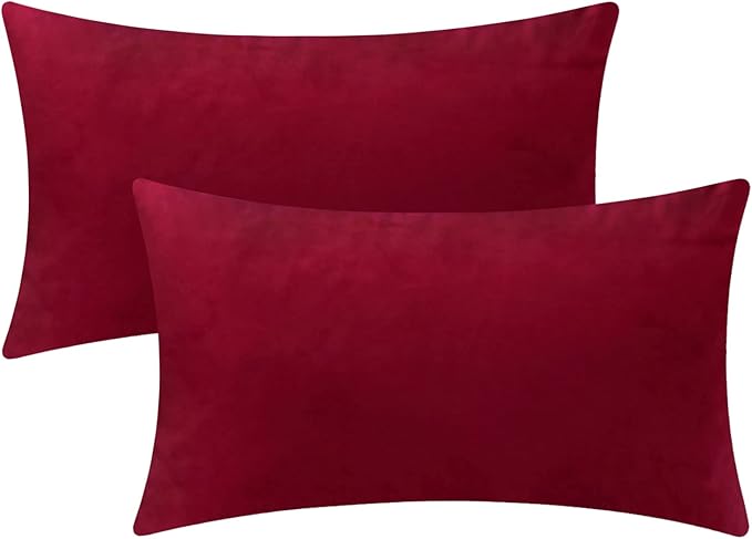 Set of 2 Comfortable Throw Pillow Covers for Bedding, Decorative Accent Cushion Sham Cases for Couch Sofa, Soft Solid Velvet with Zipper Hidden - 12"x20", Deep Red