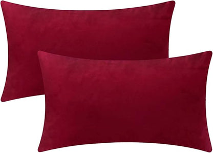 Set of 2 Comfortable Throw Pillow Covers for Bedding, Decorative Accent Cushion Sham Cases for Couch Sofa, Soft Solid Velvet with Zipper Hidden - 12"x20", Deep Red