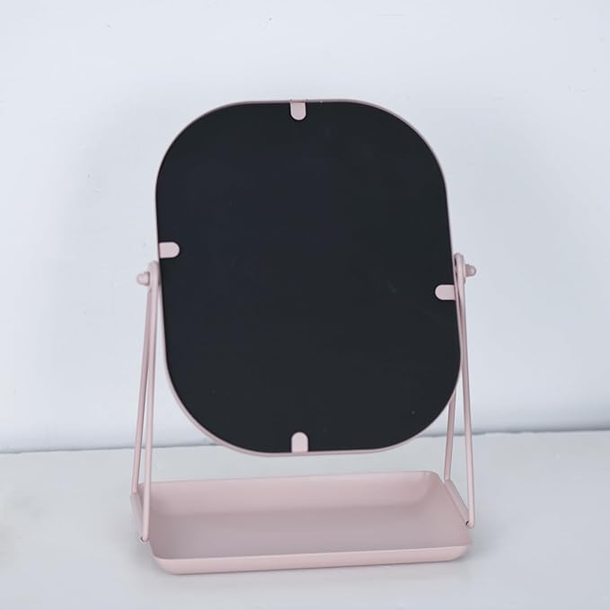 Rotating Metal Makeup Mirror with Storage, Vanity Mirror for Desk, Bathroom, Bedroom, Dressing Table (Pink)